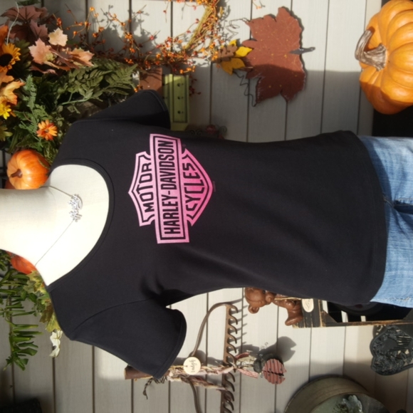HARLEY-DAVIDSON ♡ Gorgeous Black|Pink Bar 'n Shield Thick Short Sleeve H-D Top M - Picture 7 of 16